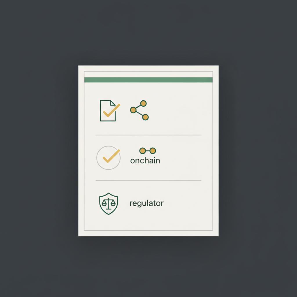 Minimalist 2D vector checklist card on dark background with simple icons for source on chain and regulator in Finance Police brand colors most recent cryptocurrency news